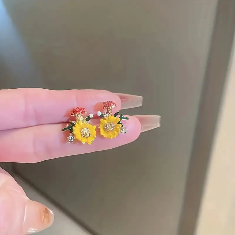 Rhinestone Orange Flower Stud Earrings for Spring-Summer