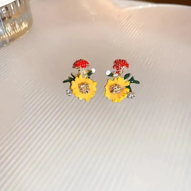 Rhinestone Orange Flower Stud Earrings for Spring-Summer