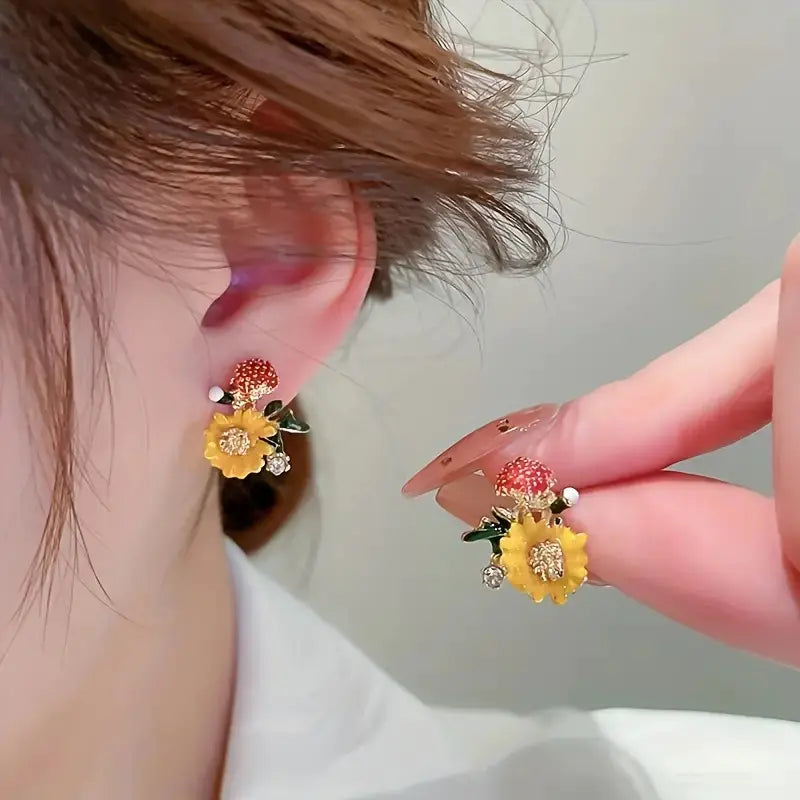 Rhinestone Orange Flower Stud Earrings for Spring-Summer